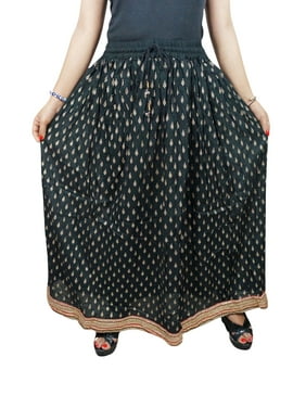 Mogul Women Maxi Skirt Printed Black Golden Border A-Line Fit and Flare Long Skirts