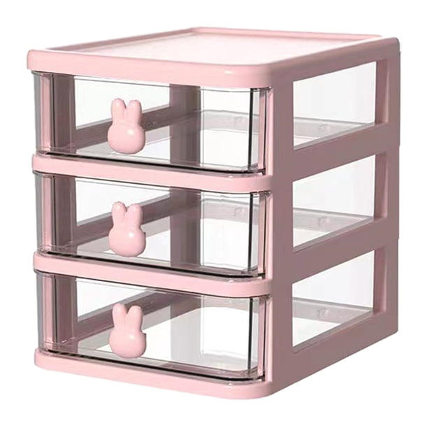 Caja de almacenamiento de plástico con cajón, organizador de escritorio, transparente, multicapa, con asas de conejo, suministros de oficina