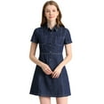 thumbnail image 1 of INSPIRE CHIC Robe d'Été Trapèze en Denim pour Femme à Col, Manches Courtes, Bleu Foncé, TG, 1 of 6
