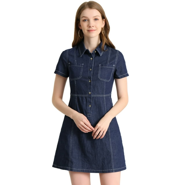 INSPIRE CHIC Robe d'Été Trapèze en Denim pour Femme à Col, Manches Courtes, Bleu Foncé, TG