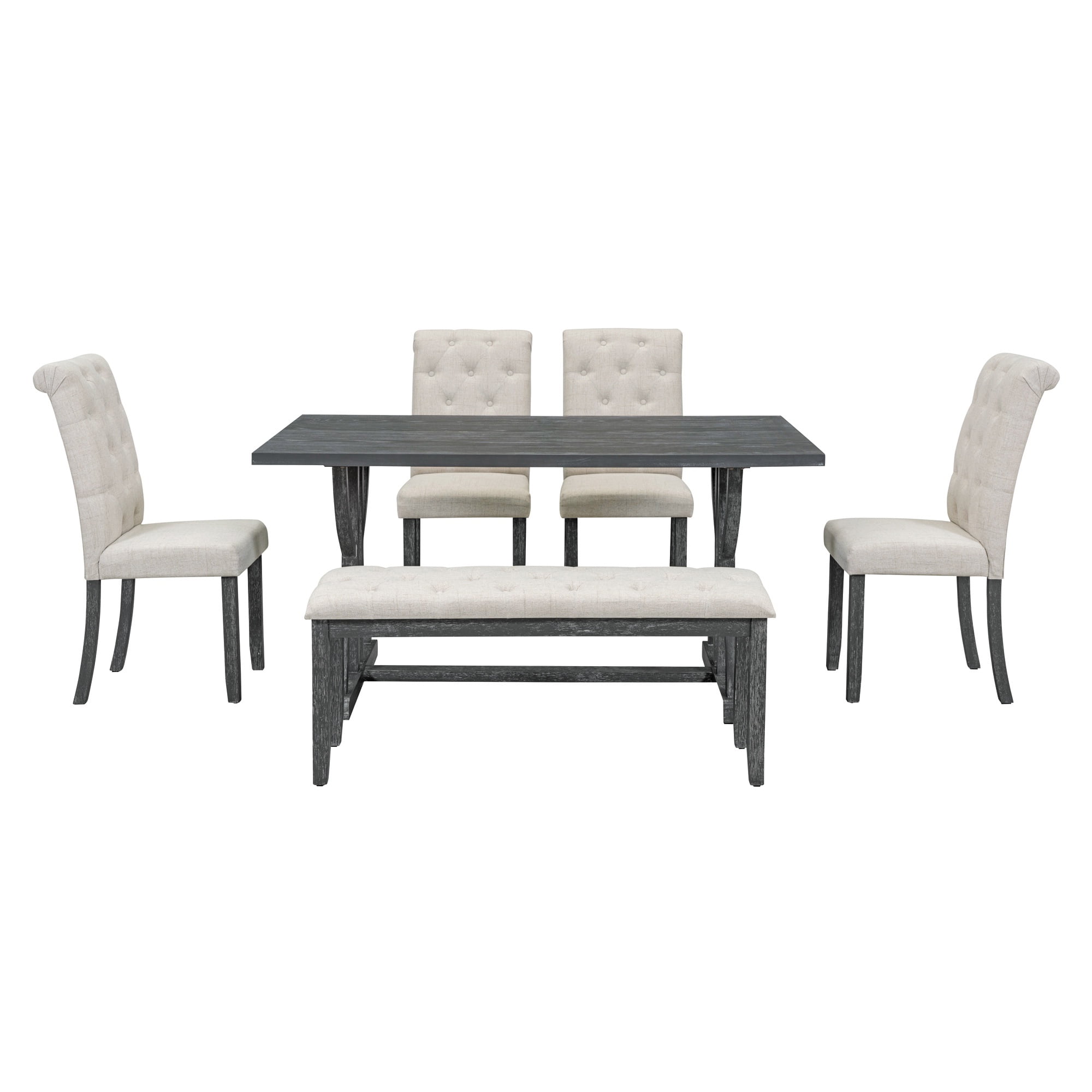 Bellemave 6 Piece Kitchen Dining Table Set, Rectangular Table with 4 Upholstered Chairs and a Bench, Wood Dining Room Table Set for 6 People, Living Room Furniture（Gray Wash）