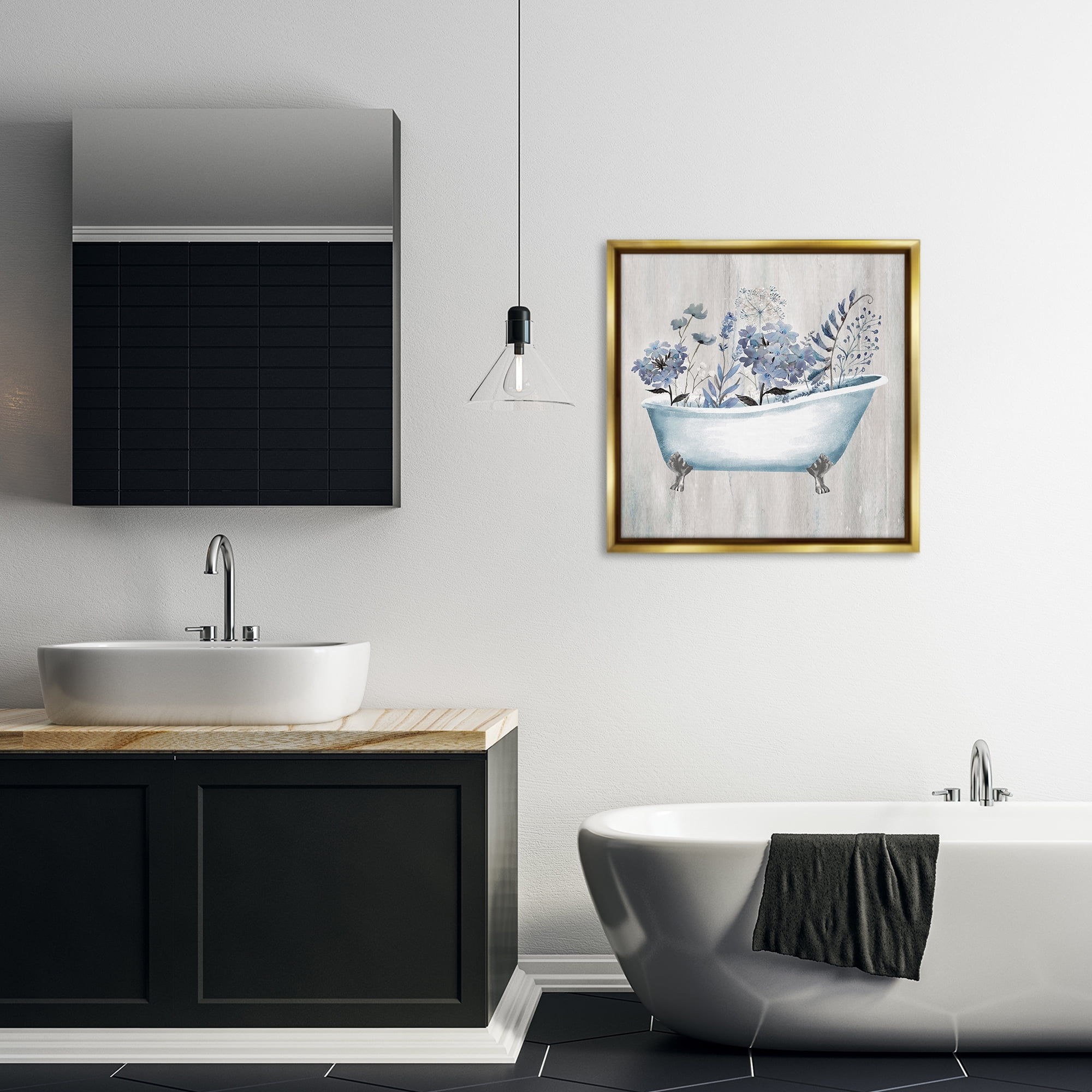 Stupell Industries Vintage Tub & Blue Florals Bath & Laundry Painting Gold Floater Framed Canvas Art Print Wall Art, 25 x 25
