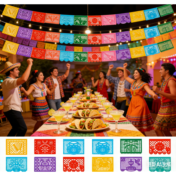 3 Sets Mexican Papel Picado Banners, 66Ft (22Ft X 3) - Festive Cinco De Mayo Fiesta Decorations