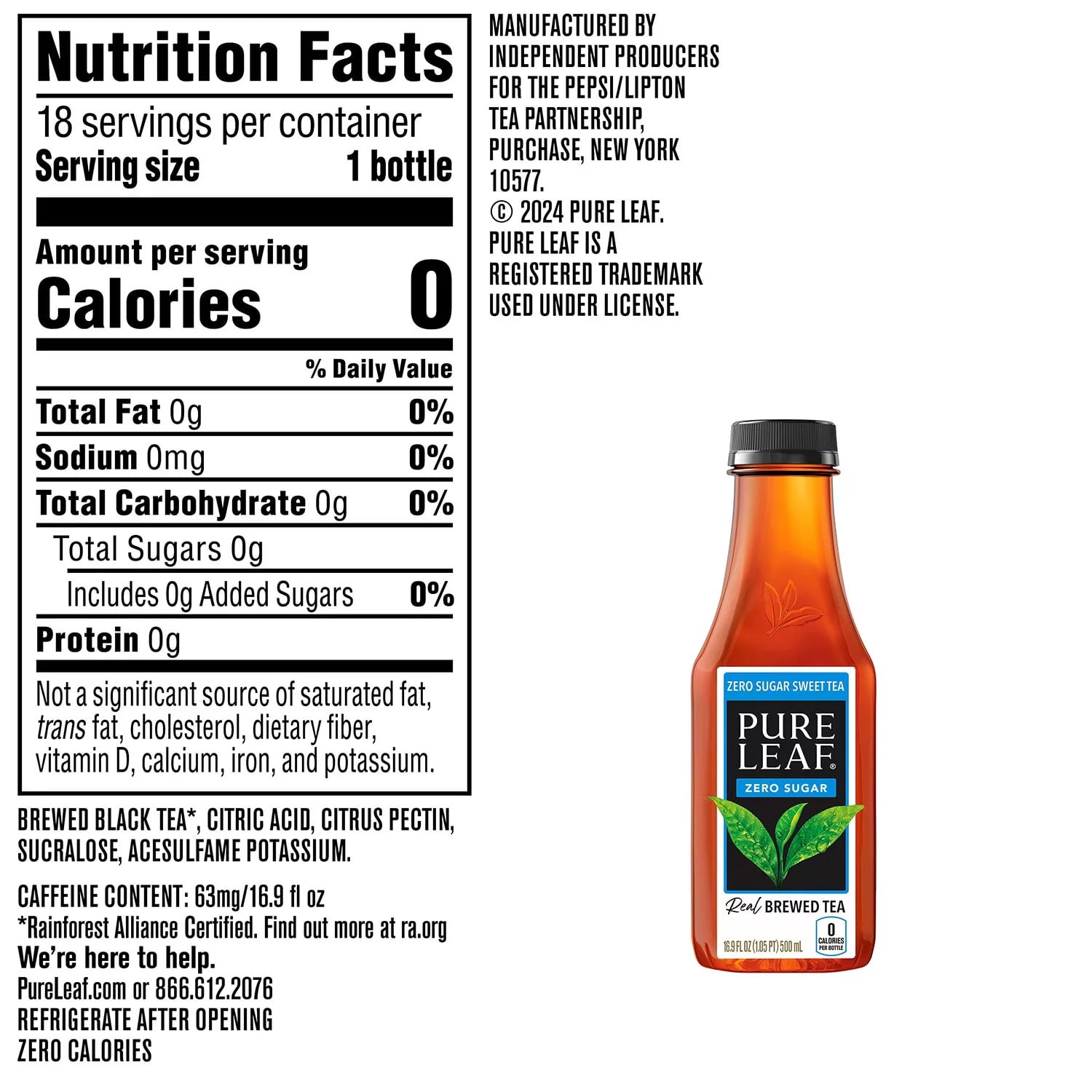 Pure Leaf Zero Sugar Real Brewed Tea Sweet Tea 16.9 Fl Oz, 18 Count