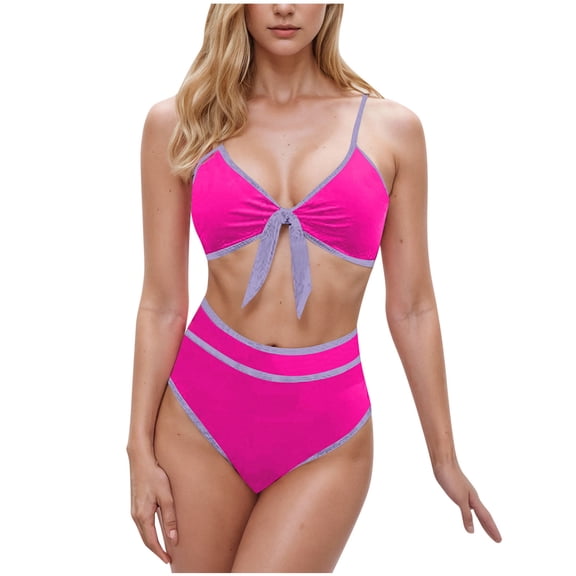 JSGEK Womens High Waisted Bikini Set Contrast Trim Design Stretchy Fabric Relaxed Silhouette for Beach Getaways Pink M