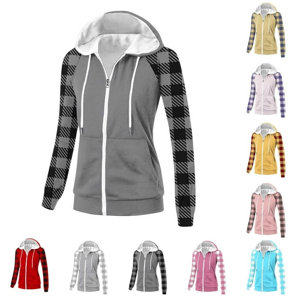 FRSASU Zip up Hoodies for Women Fall Plaid Print Casual Long Sleeve Sweatshirts Lightweight Comfort Soft Jackets with Pocket Yellow XL(XL)