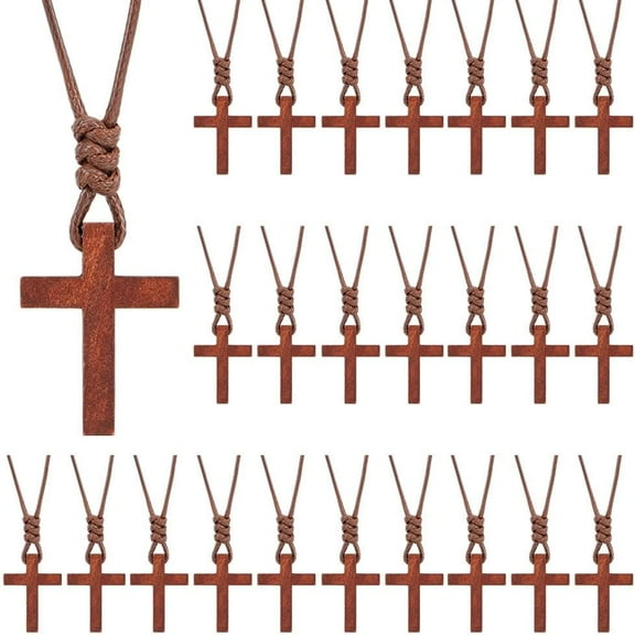 Brown 24Pcs Wooden Necklaces in Bulk Small Wood Pocket Crosses Pendant Faith Necklace Jewelry for Bible Verse Party Favor Souvenir Supplies for Men Women