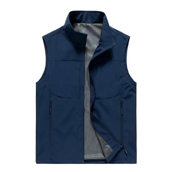 Bcresic Men's Quick Dry Vests Full Zipper Sleeveless Jacket Lightweight Stand Collar Jackets Outdoor Fishing Work Safari Travel Photo Cargo Vest Jacket with Zip Pockets,Dark Blue 01,X-Large
