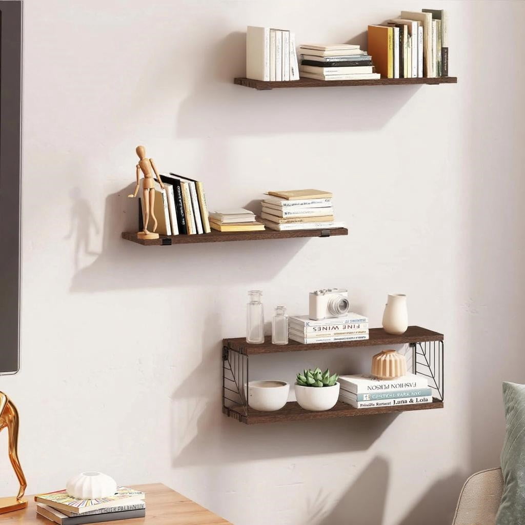 TEAFIRST Floating Shelves, 4 Tiers 15.8in Rustic Wood Wall Decor for Bathroom, Living Room, Brown