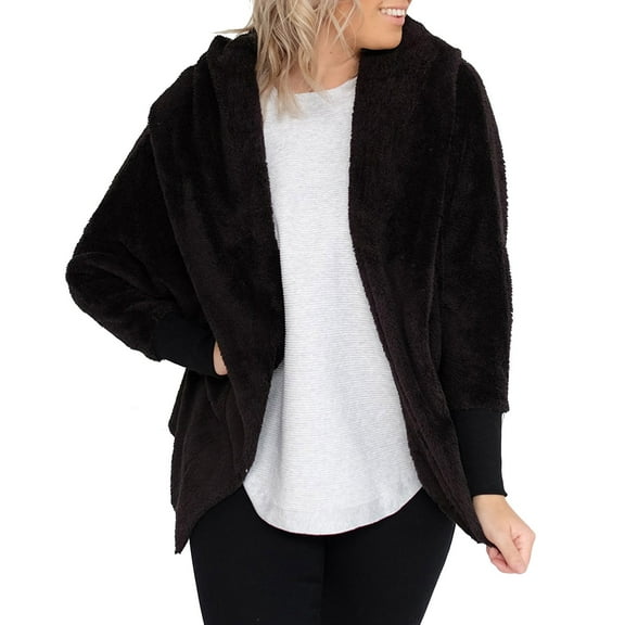 IROINNID Women's Cardigan Coat Shearling Coat Solid Color Long Sleeve Leisure Autumn/Winter Cardigan Plush Jacket Tops, Black