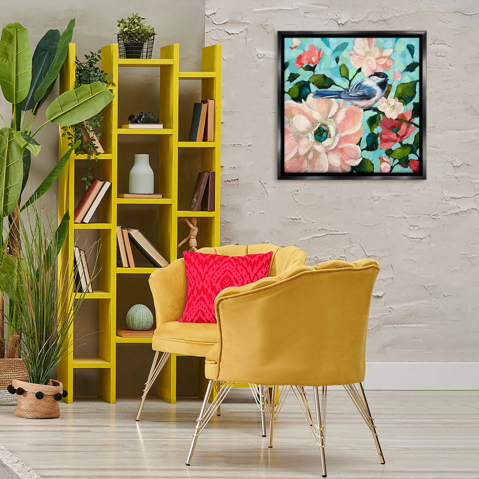 Stupell Industries Blue Bird & Bold Flowers Plants & Flowers Painting Black Floater Framed Canvas Art Print Wall Art, 25 x 25