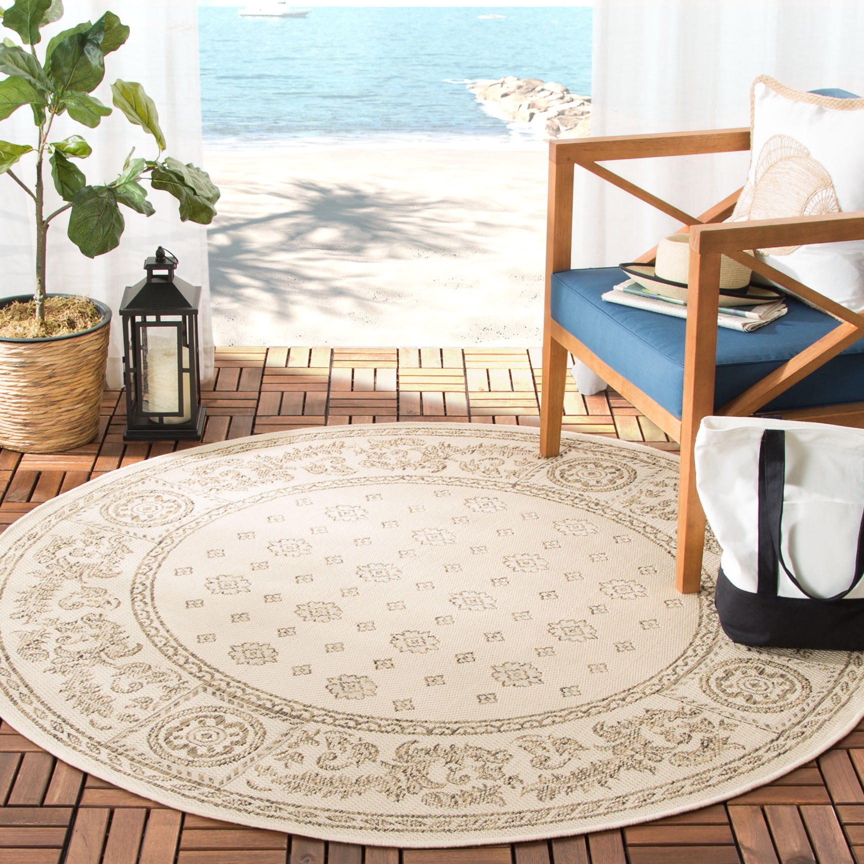 Safavieh Courtyard Erin Bordered Indoor/Outdoor Area Rug, Natural/Brown, 5'3" x 5'3" Round