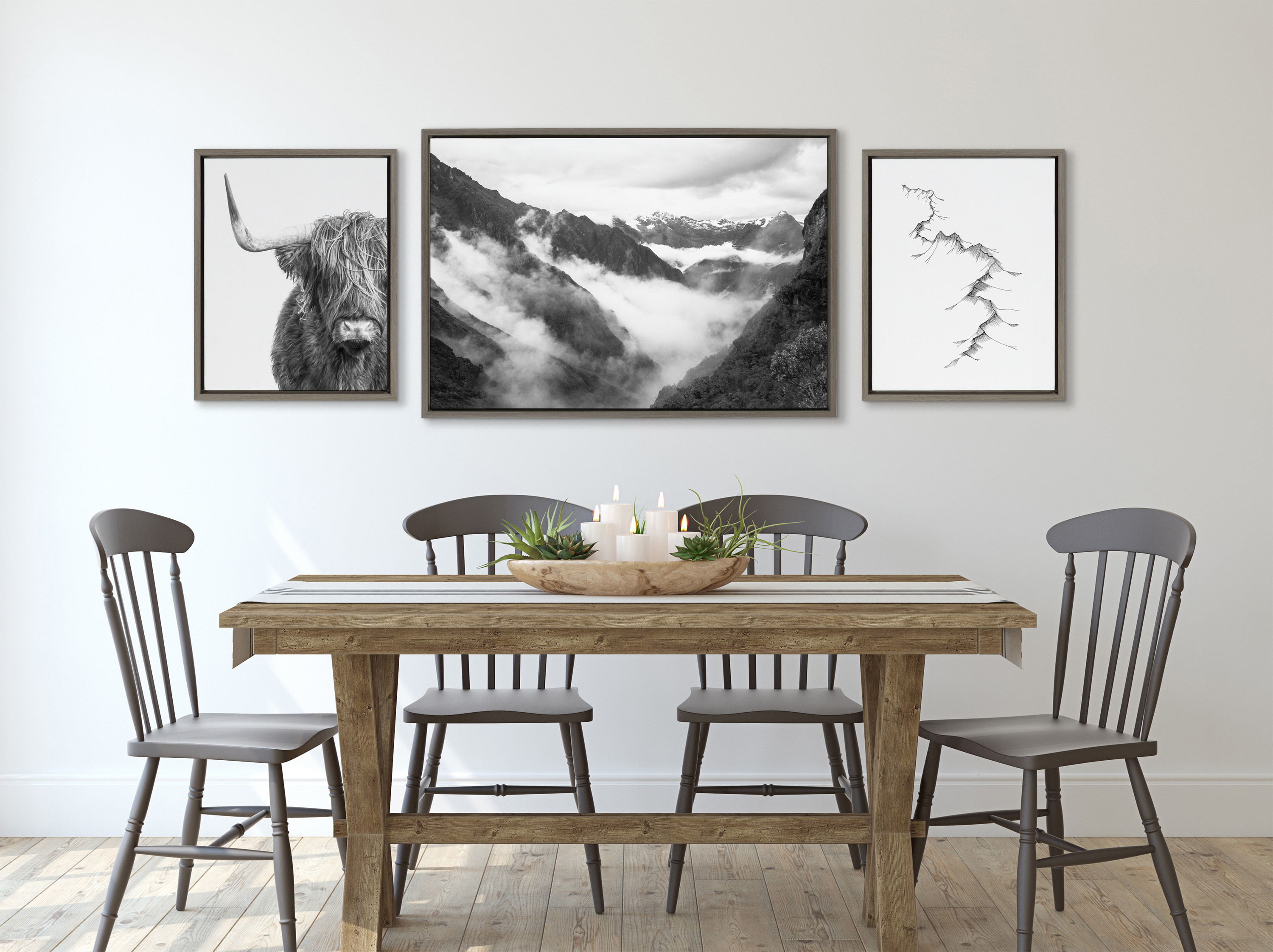 Sylvie Highland Cow, Mountains, and Inca Trail 23 in x 33 in Framed Photography Canvas Art Prints, by Kate and Laurel Set of 3