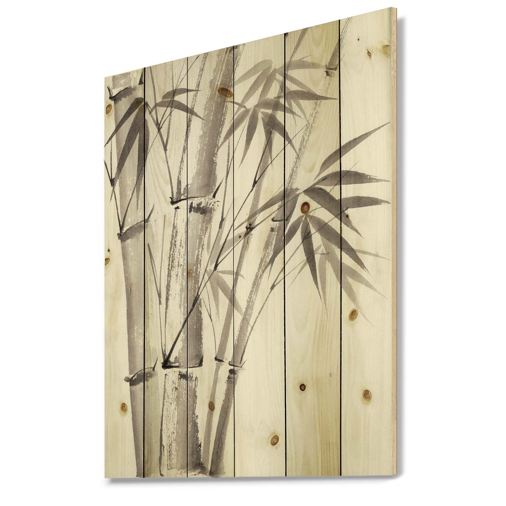 Designart 'Palm Bamboo Detail On White III' Traditional Print on Natural Pine Wood