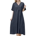 thumbnail image 1 of Women's Loose Fit Short Sleeve V-Neck Linen Blend Long Dress - Plus Size, Pure Color, Comfortable Wear, 1 of 6