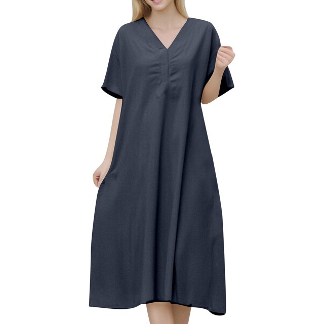 Women's Loose Fit Short Sleeve V-Neck Linen Blend Long Dress - Plus Size, Pure Color, Comfortable Wear
