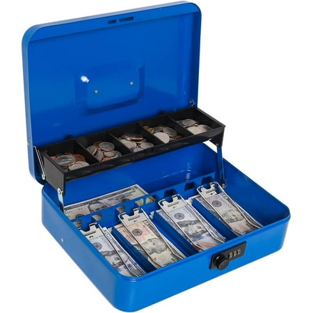 Large cantilever cash box with combination lock metal money box with 5 coin compartments and 4 bill clips suitable for home or business size 11.8x19.4x53.54 inches blue
