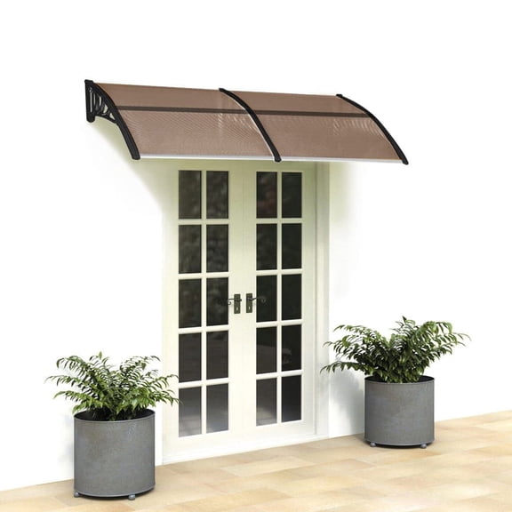 Resenkos 80x38in Front Rear Aluminum Strip Awning, Polycarbonate Sun Panel with Plastic Bracket for Door Window, Outdoor Waterproof Canopy, Brown and Black