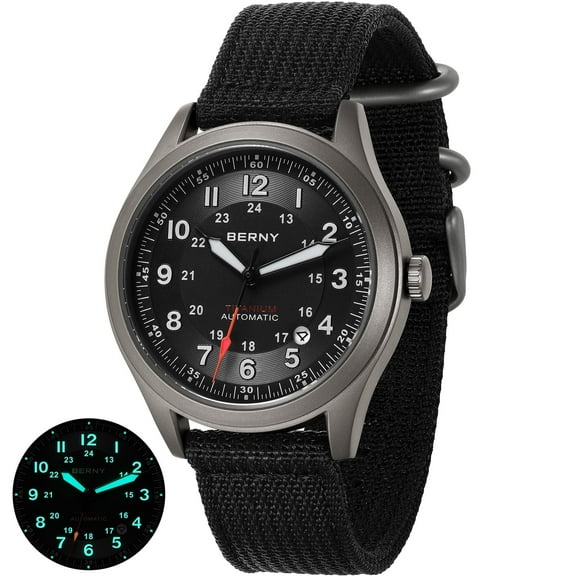 BERNY Automatic Watches for Men Military Sport Nylon Strap Titanium Field Watch with Date Sapphire Crystal Luminous Analog Mechanical Watch 100M Waterproof Army Tactical Casual Wristwatch (Black)