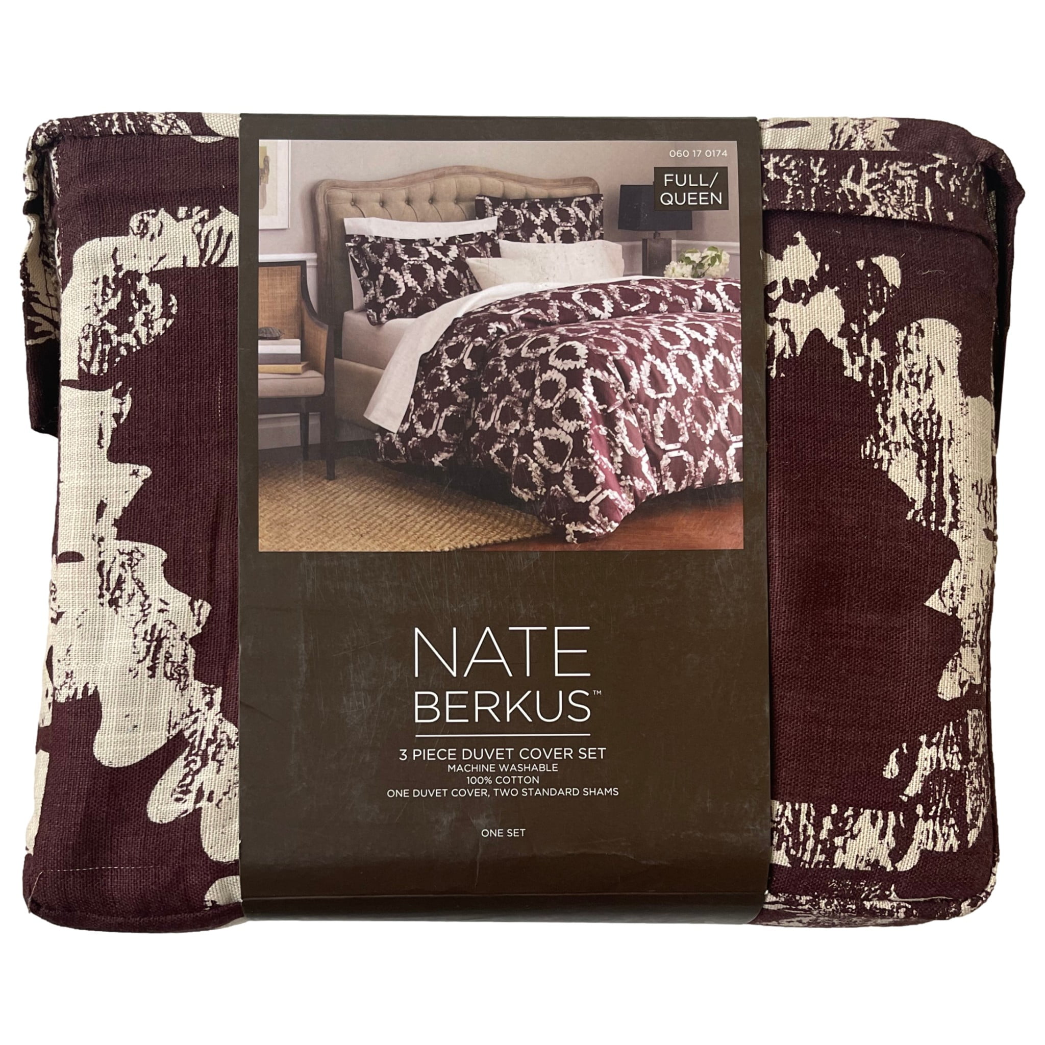 Nate Berkus 3 pc Duvet Cover & Shams Set Full Queen Bed, Brown Leaf