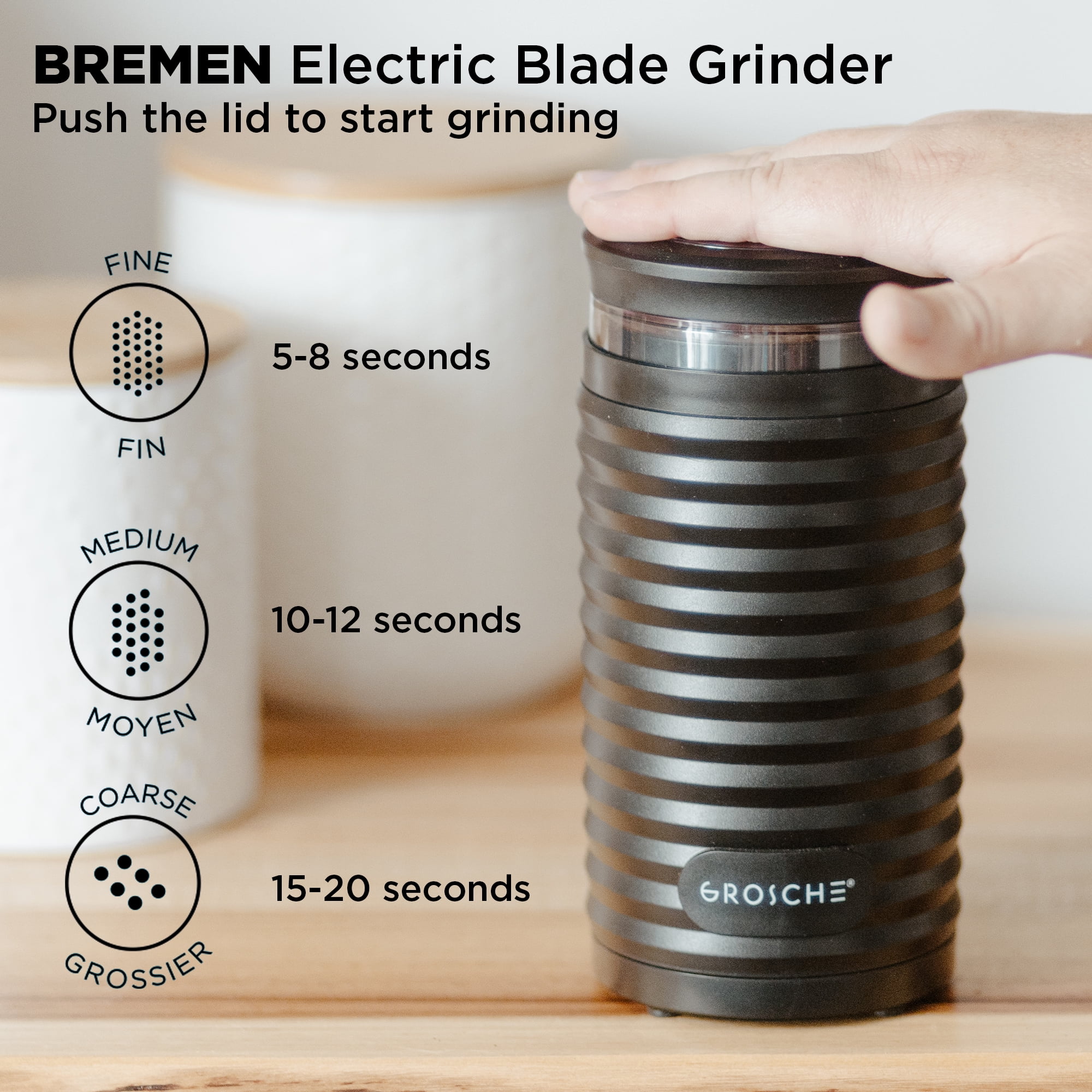 GROSCHE BREMEN Blade Electric Coffee Grinder, Stainless Steel Electric Grinder with easy storage, 180 Watts High Power Motor
