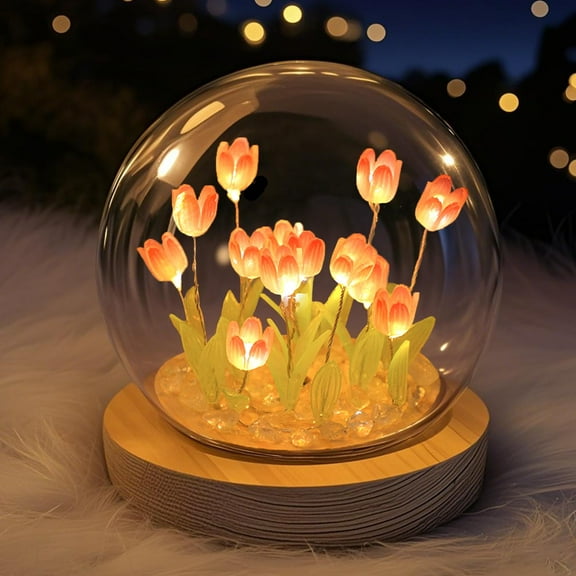 bright Lifnatty Pink Tulip Night Light - Artificial Flowers in Glass Dome - Unique Gifts for Women, Mom, Sister, Friends - Cute Bedroom Decor