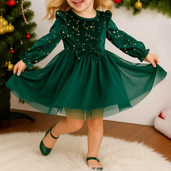 ATOGUTA Girls Dresses Longsleeve Kids Long Sleeve Party Birthday Prom Formal Fancy Midi Dress Size 1T-8, Green
