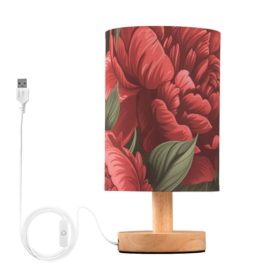 Red Peony Flowers Leaves Table Lamp with USB Port LED Warm Light Lamp Night Light Home Decor