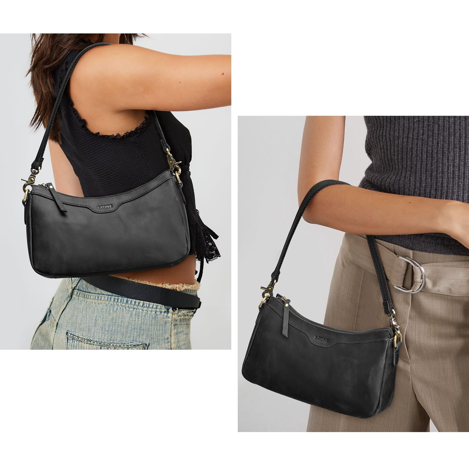 S-ZONE Leather Shoulder Bag for Women Small Crossbody Bags Hobo Purses with 2 Straps