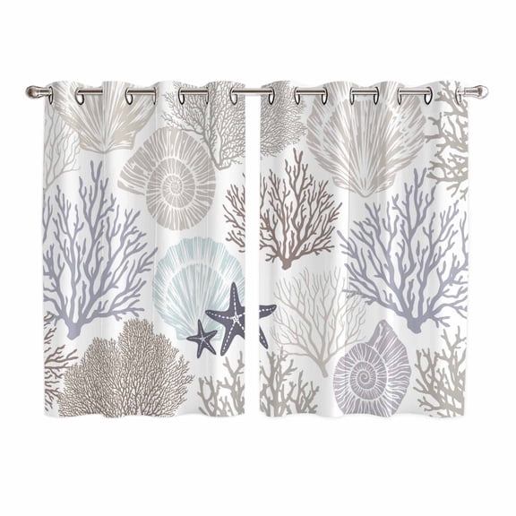 Gray Shell Coral Kitchen Curtains 72 Inch Length, Coastal Summer Beach Nautical Ocean Grommet Top Bedroom Living Room Curtains, Light Filtering Cafe Curtain Drapes 2 Panels Set 104''x72''