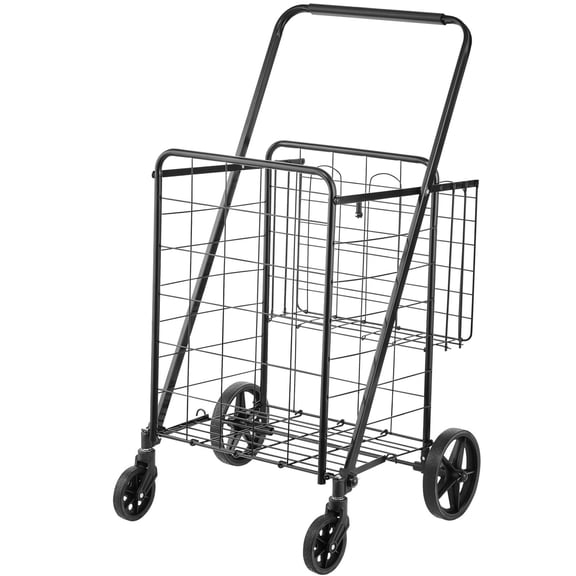 Folding Shopping Cart, Heavy‑Duty Metal Frame, 110 lbs Capacity, Double Basket Design