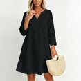 thumbnail image 2 of Women Solid V Neck 3/4 Sleeve Cotton Linen Mini Dress, Loose Casual Swing Dress, Breathable Vacation Dress Black XL(XL), 2 of 8