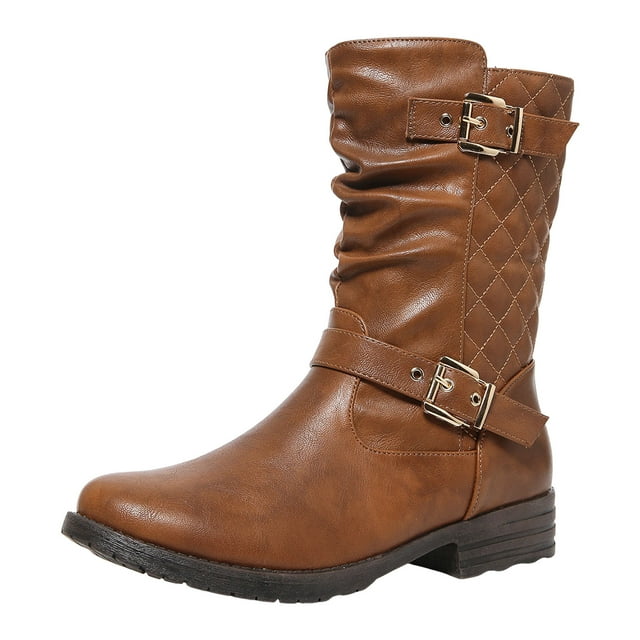 Women's Mid Calf Combat Riding Boots Trendy Leather Buckles Side Zipper Winter Fall Slouchy Boots for Women