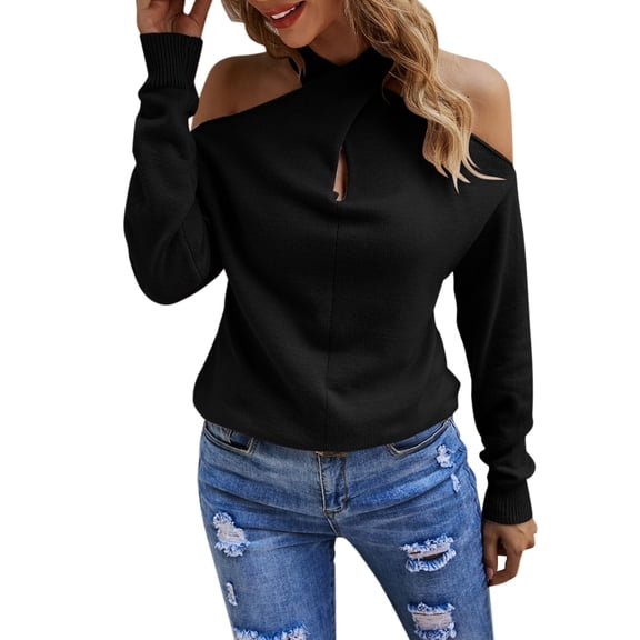 oqasdz Women Sweaters Solid Color Off Shoulder Tops Crossed V Neck Long Sleeve Crop Halter Pullover Sweaters Fashion Casual Versatile