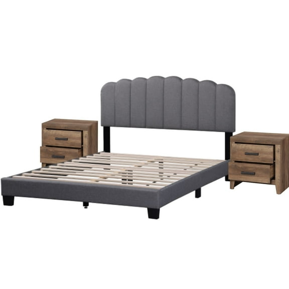 WAMPAT Queen Size Platform Bed Frame with 2 End Tables, Upholstered Platform Bed & Set of 2 Nightstands for Bedroom, Gray and Brown