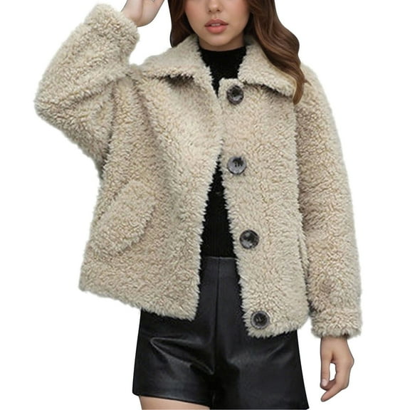 BXINGOHAI Womens Winter Coats Casual Lapel Long Sleeve Fleece Faux Fur Jacket Beige L