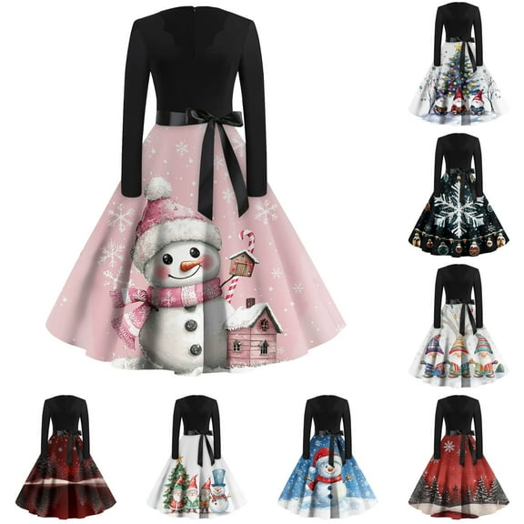 Women's Casual Fashion Print Long Sleeve V Neck Dress with AI Christmas Theme, Retro Party Casual Dress for Fall and Winter, Comfortable and Stylish Holiday Outfit,Black,L