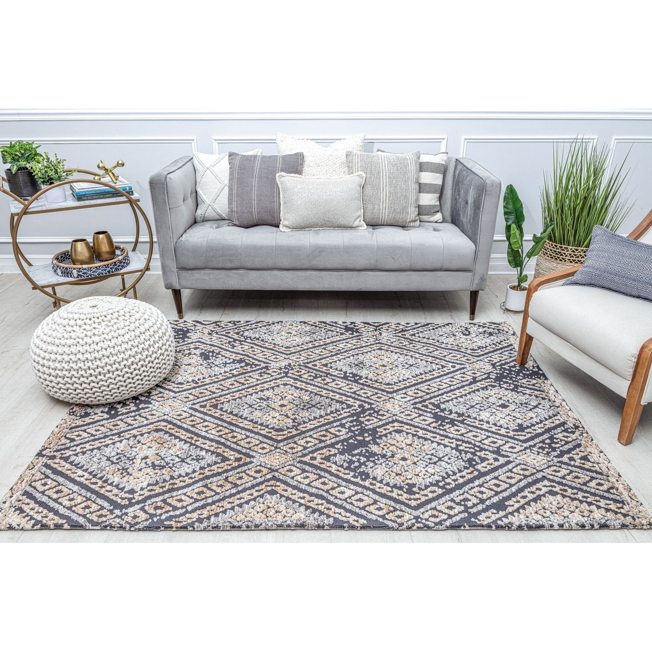 Rugs America GA10A Charcoal Diamond Diamond Bohemian Charcoal Area Rug, 2'0"x3'0" Ideal for Living Room, Bedroom, Dining Room and More