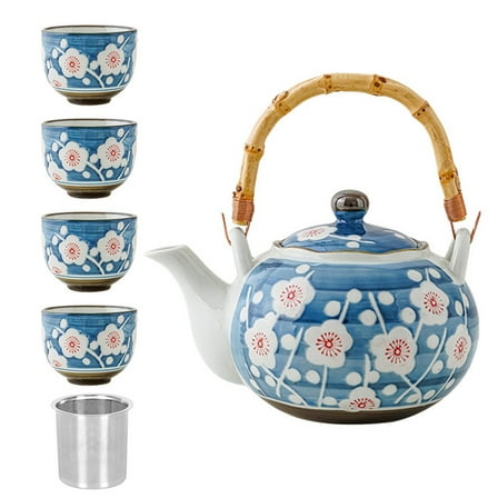 Chinese ceramic tea service, Kung Fu tea set, 650 ml porcelain teapot with strainer and 4 teacups for tea lovers