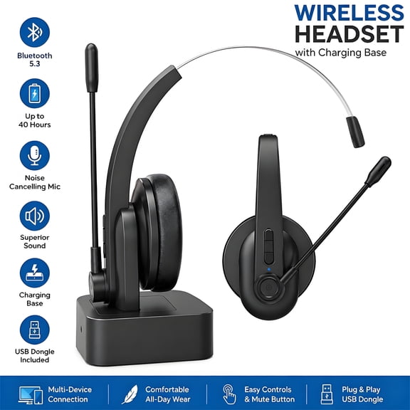 Hinzonek Wireless Headset, V5.3 Trucker Bluetooth Headset with Noise Cancelling Mic & Mute Button, 40 Hrs Working Time, Headphones for Home, Office, Truck Drive