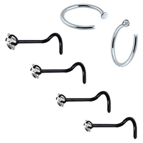 BodyJ4You 6PCS Nose Screw Stud 20G Stainless Steel Black Nostril Hoop Ring Piercing Jewelry (0.8mm)