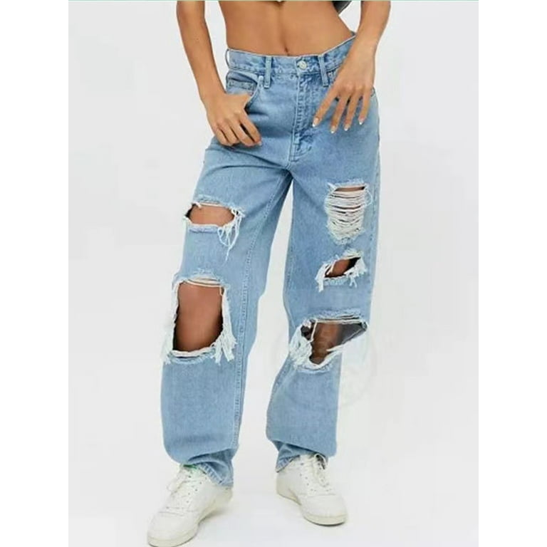 Women High Waisted Baggy Ripped Jeans Boyfriend Fashion Large Denim Baggy  Blue Jeans for Girls