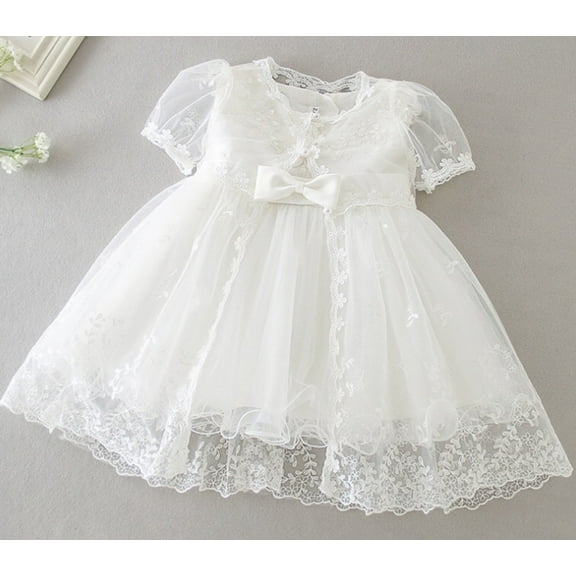 Baby Girls Baptism Dress Heirloom Christening Gown with Overlay Floral Pearl Lace Design 12M