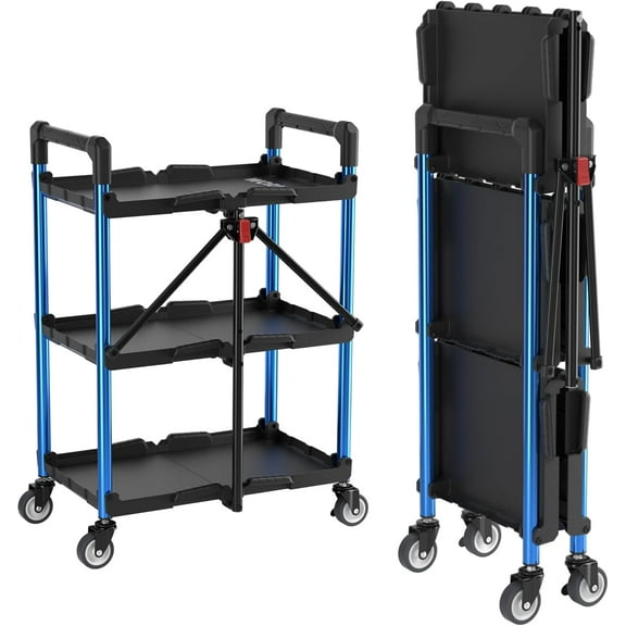 3-Tier Collapsible Service Cart, 210 LBS Foldable Utility Service Cart with Wheels, Portable Tool Cart for Garage, Warehouse, Home, Restaurant, Office (No Assembly Required)