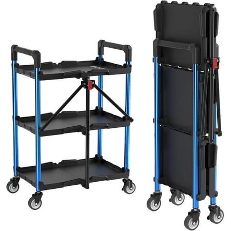 Collapsible Service Cart, 210 LBS Foldable Utility Service Cart with Wheels, Portable Tool Cart for Garage, Warehouse, Home, Restaurant, Office (No Assembly Required)