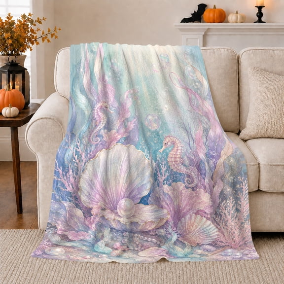 Enchanted Pearl Clam Seahorse Ocean, Peaceful Coastal Landscape Scene, Warm Flannel Blanket for Beach House and Living Room, Beach Lovers Thanksgiving Gift, Coastal Home Decor