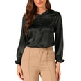 thumbnail image 1 of Blusa de oficina para mujer con cuello de volantes, mangas abullonadas, puños elásticos y botones en negro M, 1 of 6