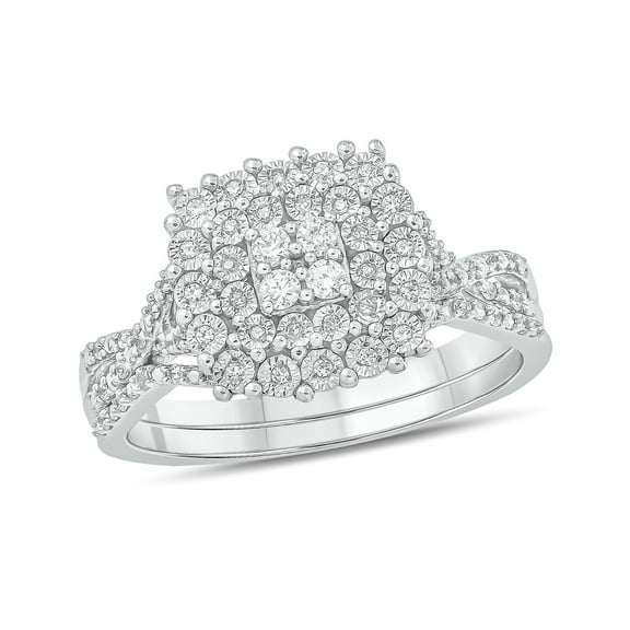 Cali Trove Sterling Silver 1/4 Ct Round White Diamond Miracle Plate Engagement Wedding Set