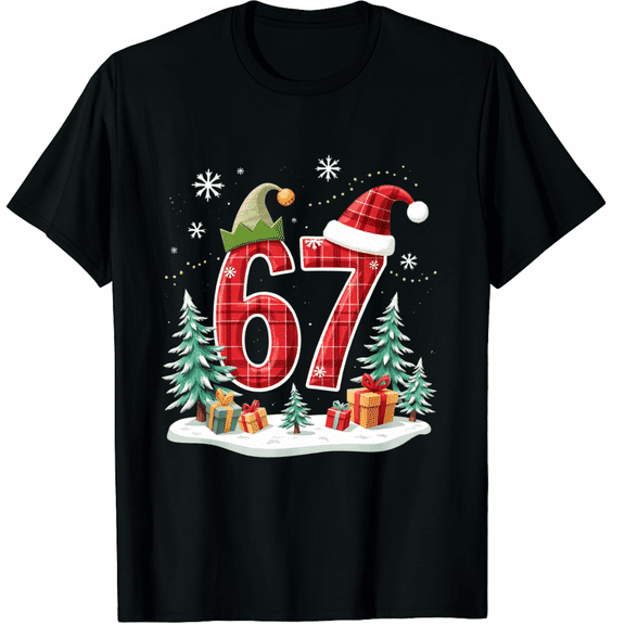 Funny Six Seven 6 7 Meme 67 Christmas Red Plaid Xmas Pajamas T-Shirt (Men's, Women's)