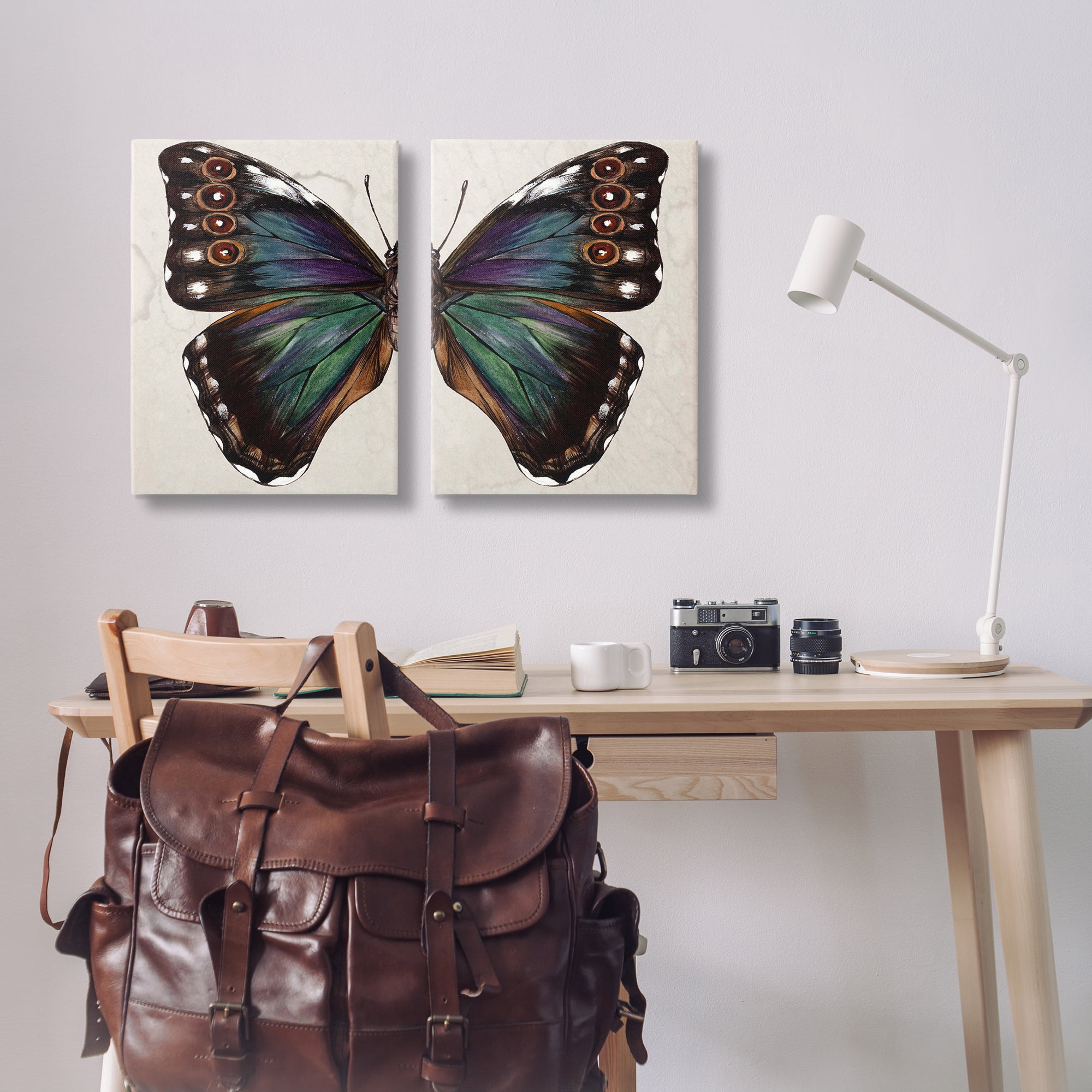 Stupell Industries Colorful Purple Green Butterfly Animals Painting Wrapped Canvas Art Print Wall Art, 16 x 24, Set of 2
